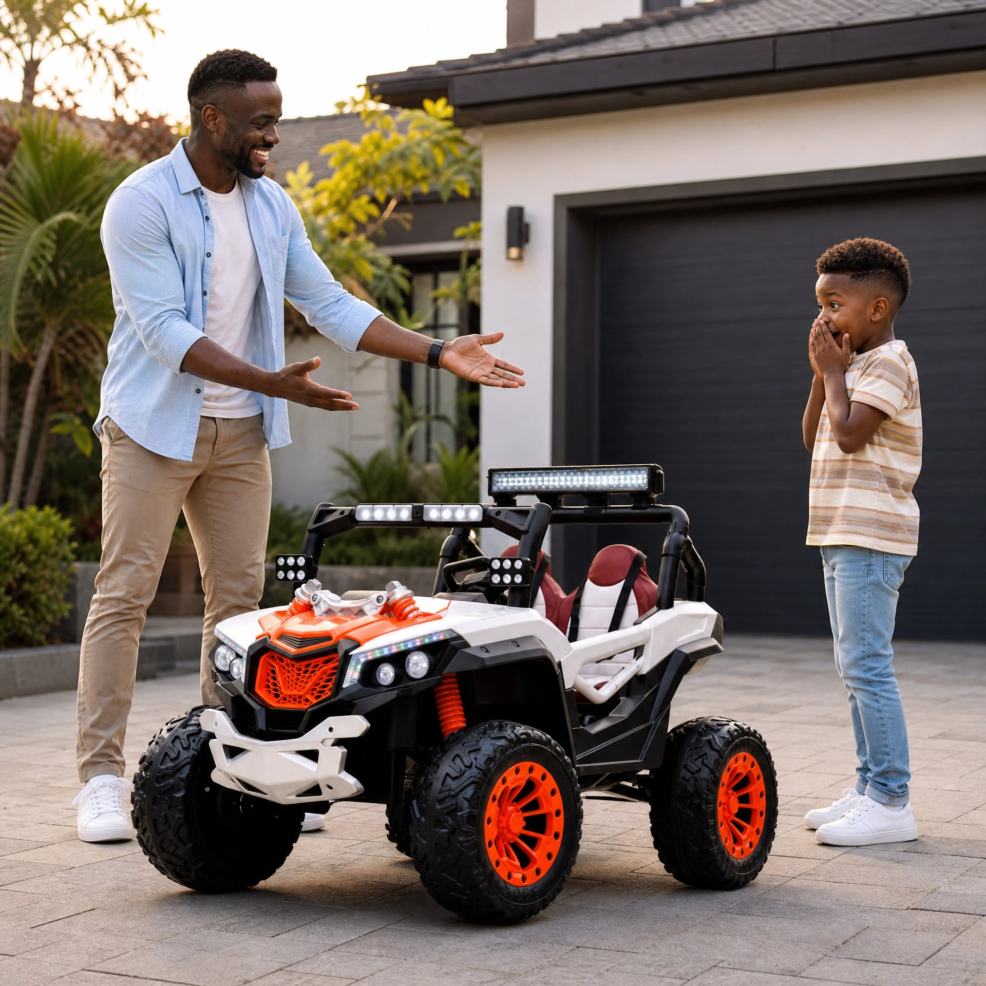 White and orange Little Rides kids electric car